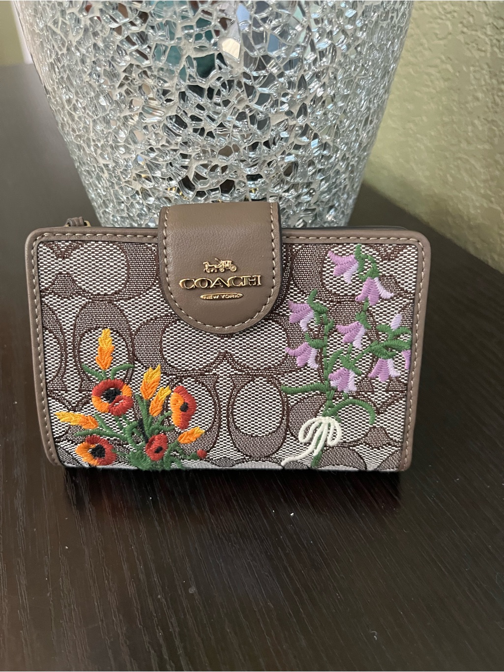Coach Signature Floral Compact Wallet With Embroidered Blooms
